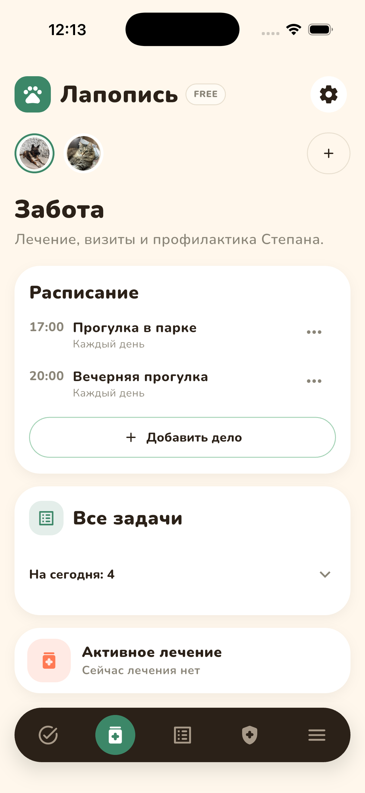 Экран заботы со списком ежедневных дел Степана